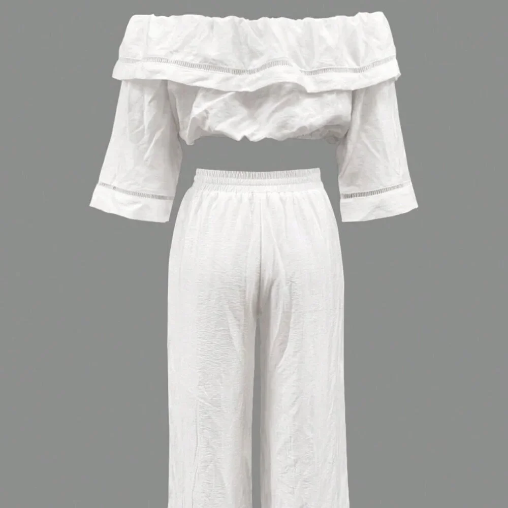 White Casual Women's Off-The-Shoulder Crop Top & Pants set - Picture 2 of 5